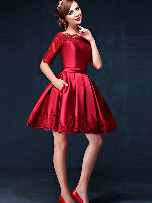 Lace Red Natural Scoop A-line Homecoming Dresses