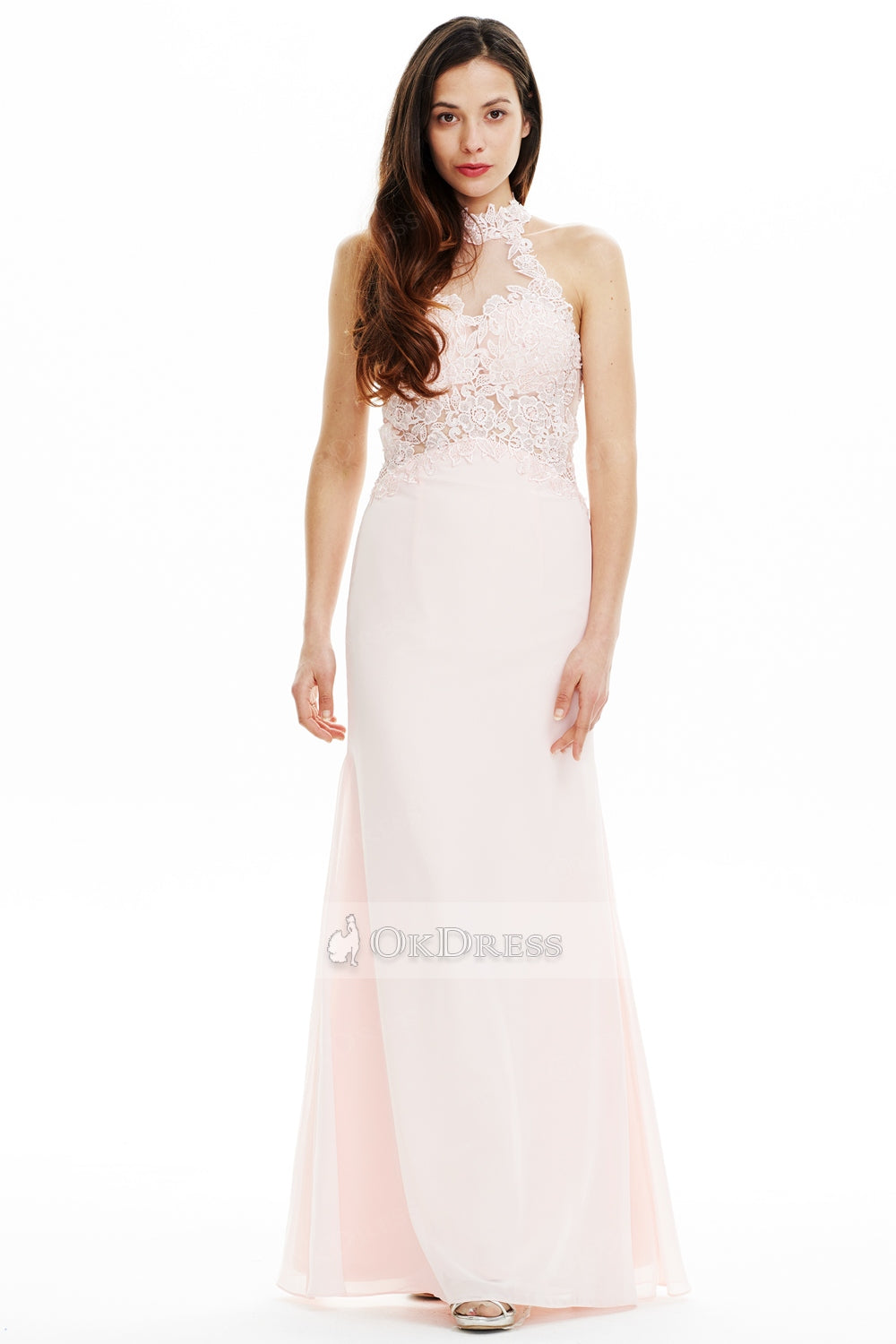 A-line/Princess Long Pink Prom Dress with Lace Beaded Top