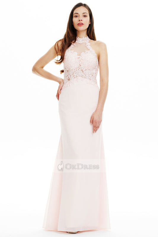 A-line/Princess Long Pink Prom Dress with Lace Beaded Top