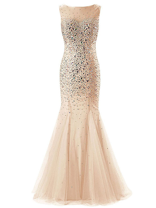 Mermaid Sleeveless Lace-up Champagne Tulle Crystal Detailing Prom Dresses