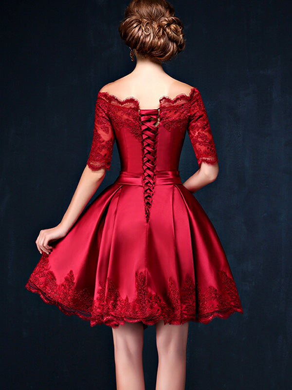 Lace Red Natural Scoop A-line Homecoming Dresses