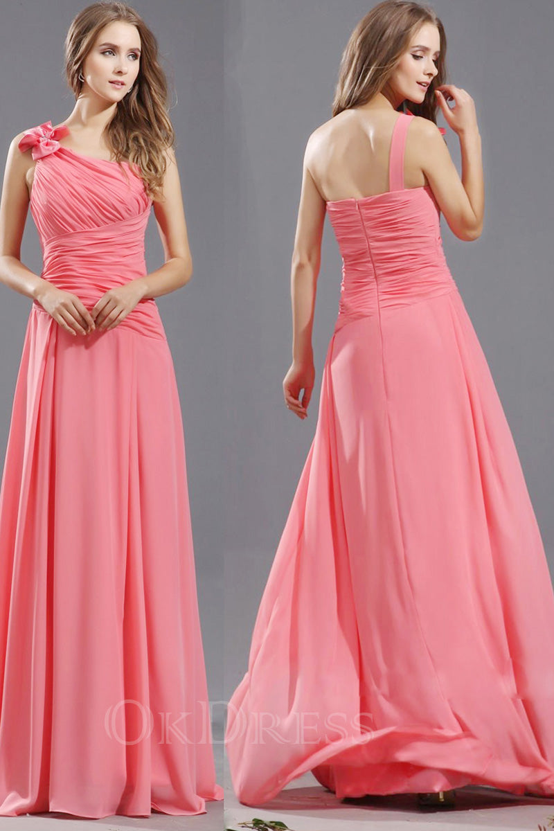 A Line One Shoulder Handmade Flower Chiffon Ruffles Long Bridesmaid Dresses