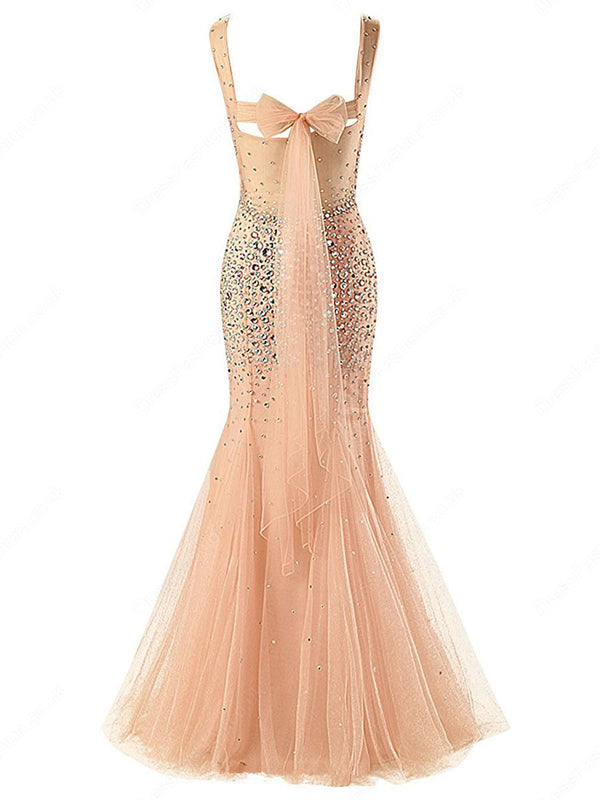 Mermaid Sleeveless Lace-up Champagne Tulle Crystal Detailing Prom Dresses