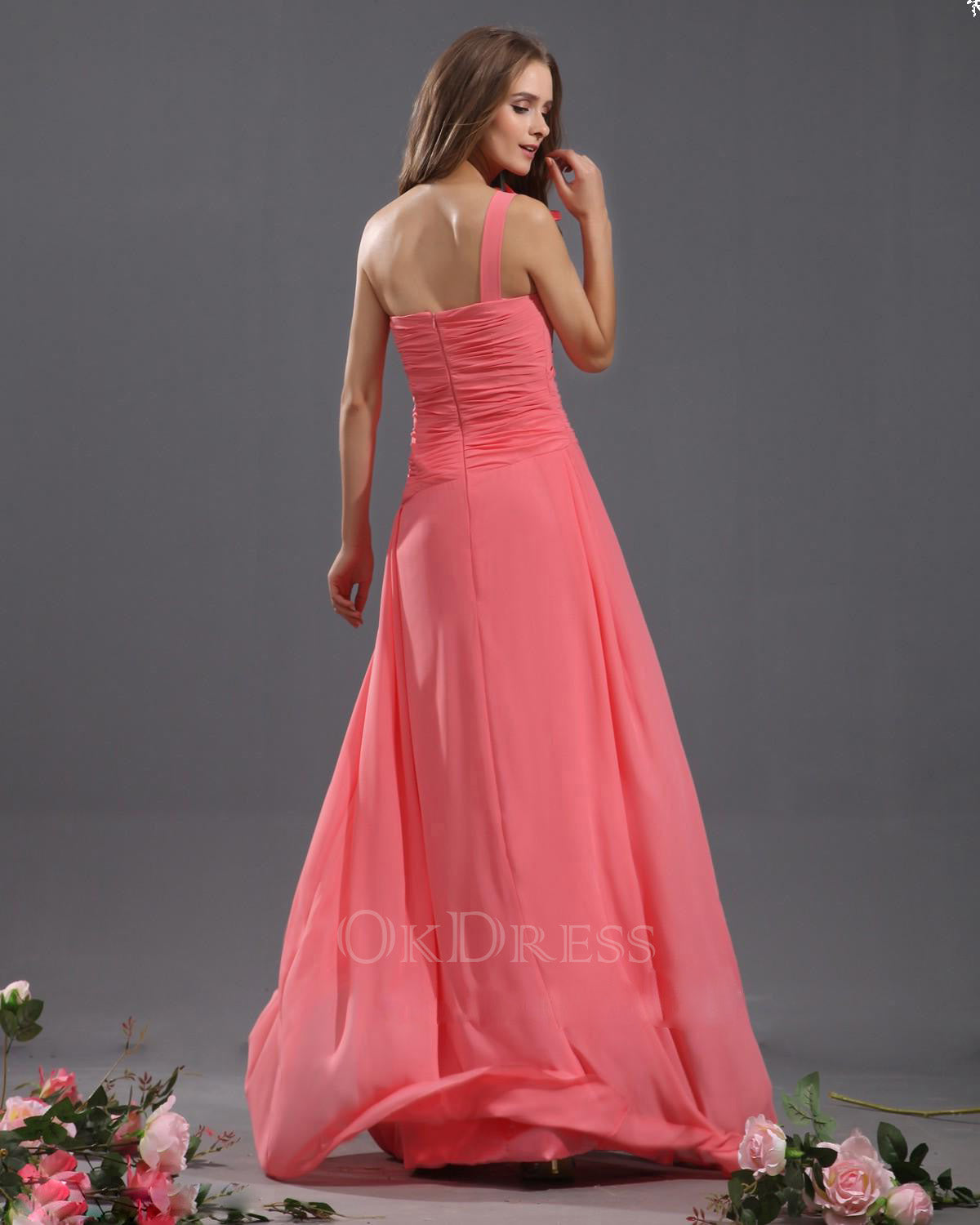 A Line One Shoulder Handmade Flower Chiffon Ruffles Long Bridesmaid Dresses