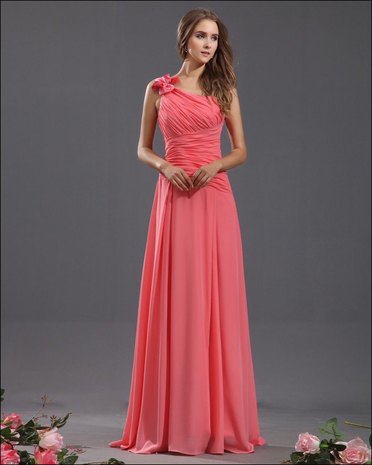 A Line One Shoulder Handmade Flower Chiffon Ruffles Long Bridesmaid Dresses