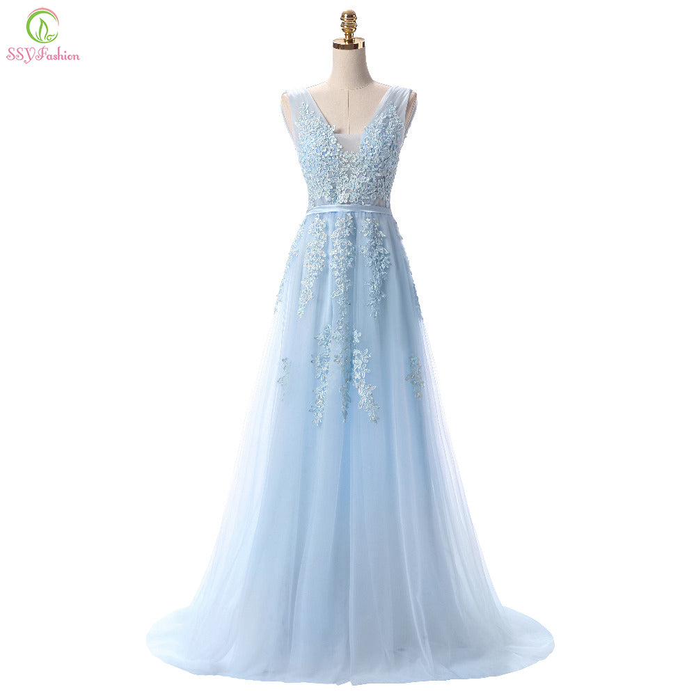 SSYFashion Hot Sell Sweet Light Blue Lace V-neck Lacing Long Evening Dress The Bride Party Sexy Backless Prom Dresses Custom