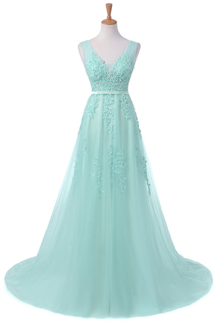 SSYFashion Hot Sell Sweet Light Blue Lace V-neck Lacing Long Evening Dress The Bride Party Sexy Backless Prom Dresses Custom