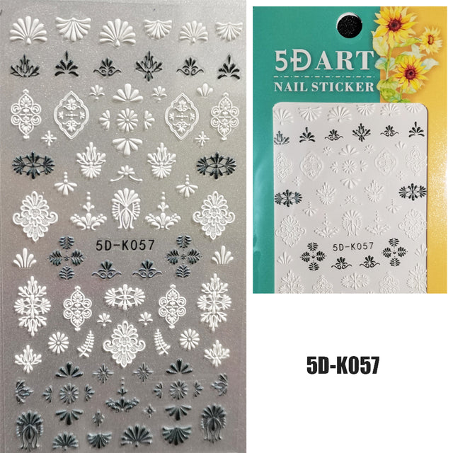 1pcs Winter Knit Sweater Cloth Pattern 5D Nails Decal Engraved Embossed Nail Art Adhesive White Flower Lace Wedding Nail Art