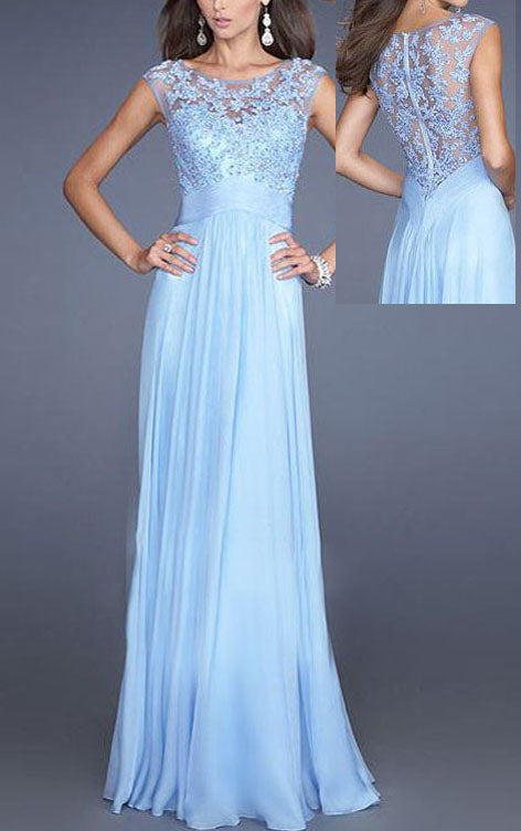 Embellished Tulle Bodice Chiffon Applique Prom Dresses